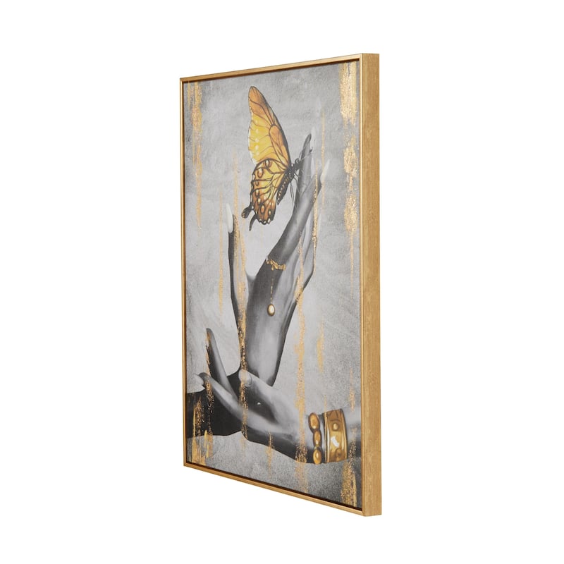 Canvas Butterfly Shaded Living Room Framed Wall Art with Jeweled Hands and Gold Foil Accents - Black - Roche River Decor