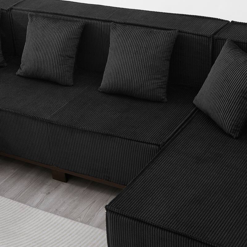 Modern U-Shaped Sectional Sofa Set Stripe Corduroy Upholstered Sofa with Light Strip and 6 Pillows