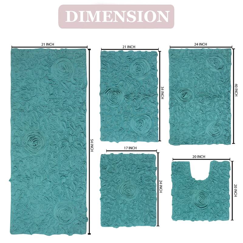 Bell Flower Collection 100% Cotton Non-Slip Bathroom Rug Set, Machine Washable Bath Rug, 5 Piece Bath Mat Set with Runner