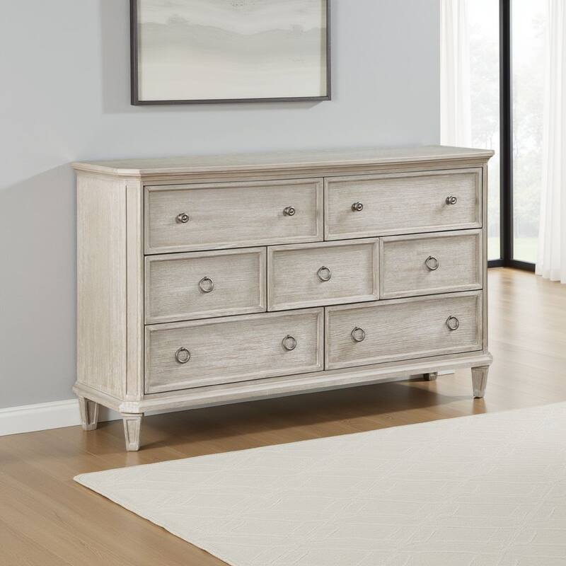 Aeny 66 Inch Dresser, 7 Drawers Ring Handles, Light Brownish Gray Oak