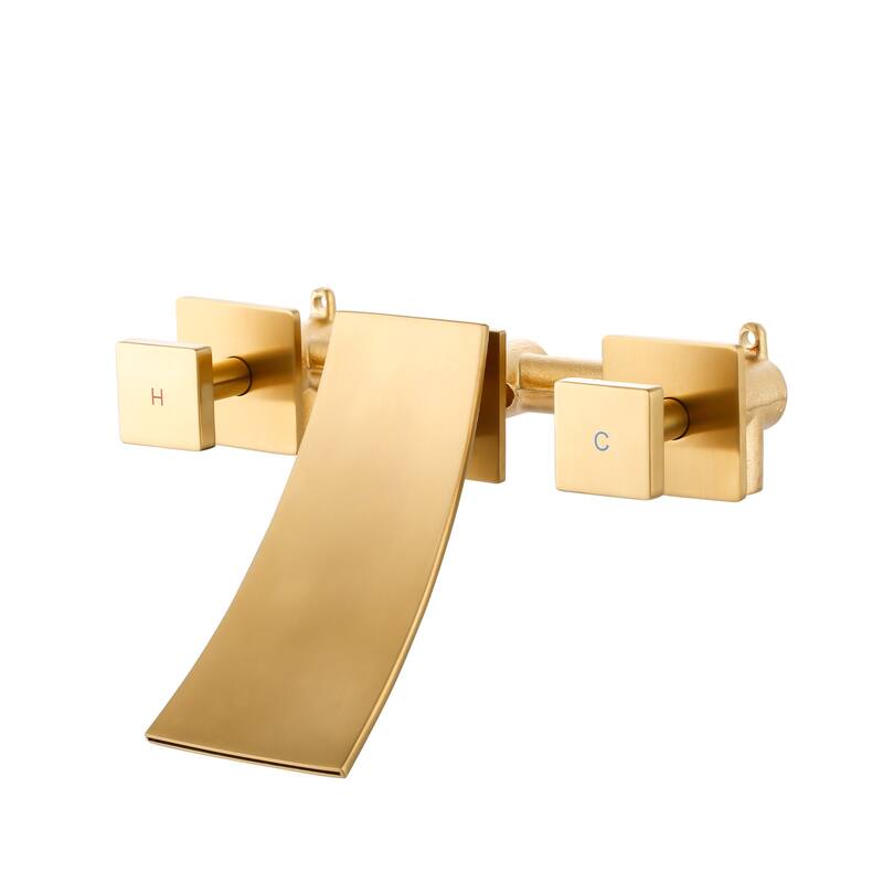 WOWOW Double Handle Wall Mounted WaterFall Bathroom Faucet - Brushed Gold
