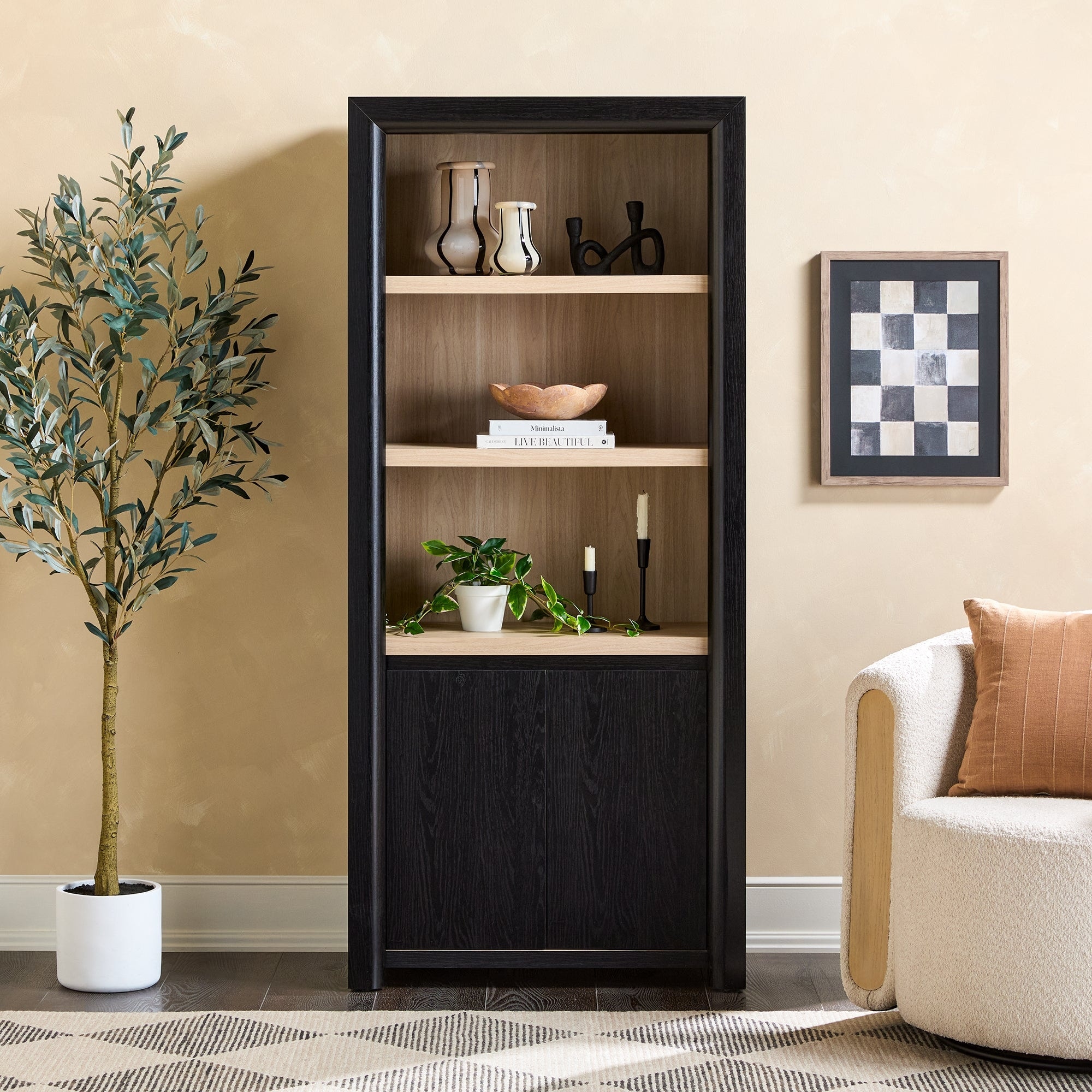 Walker Edison Modern Wood Open Bookshelf with Storage Cabinet