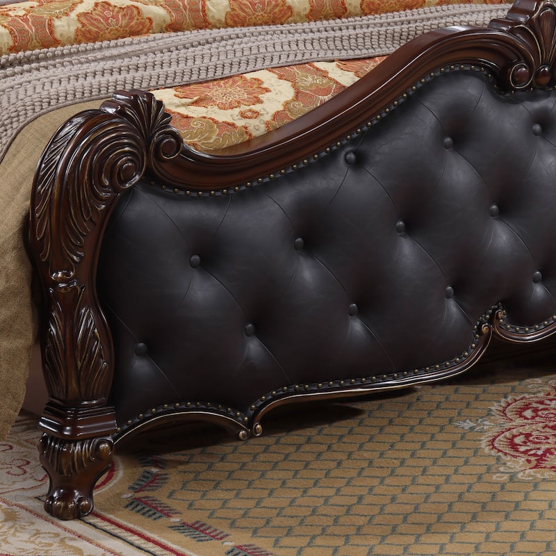 Furniture of America Eugene Traditional Solid Wood Panel Bed with Tufted Leatherette Headboard