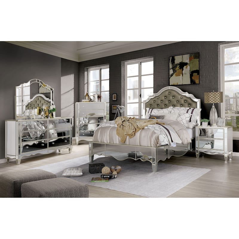 2 Drawers Night Stand with Mirror Panels Design in Silver