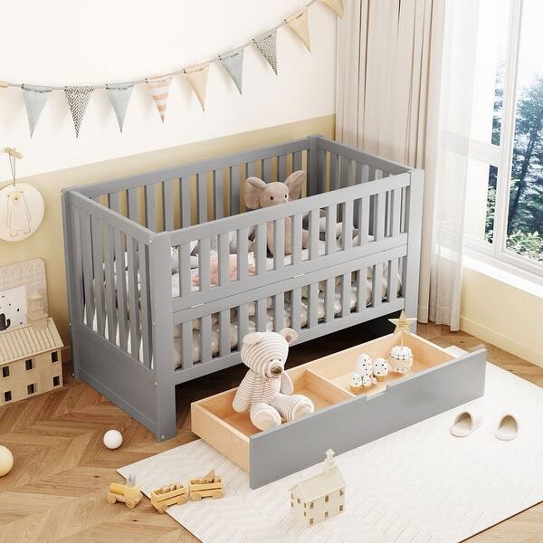 slide 2 of 18, Toddler Bed Crib with Safety Guardrail and Drawers and 3 Height Options for Boys Girls, Wooden Slat Support Easy Assembly, Gray Gray