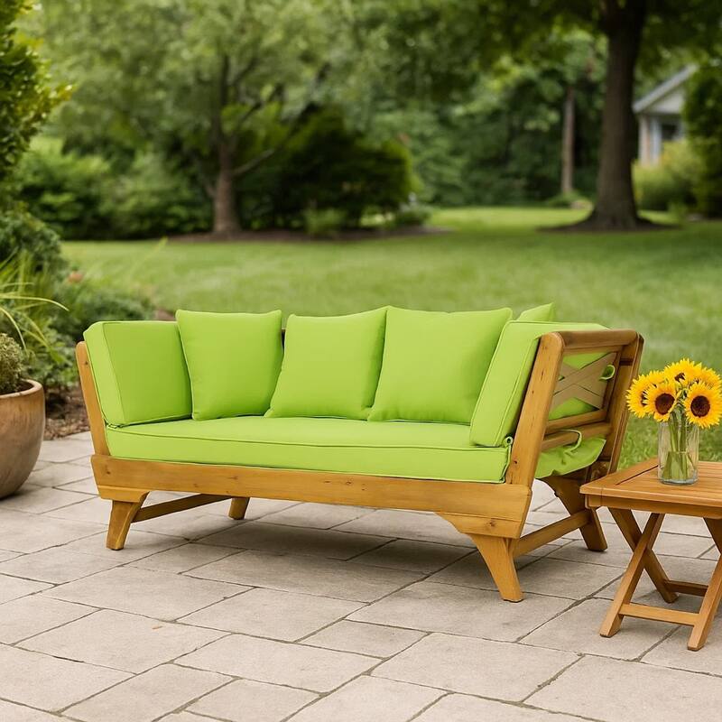 Flex Outdoor Daybed, 65 Inch Teak Brown Acacia Wood, Green Cushions