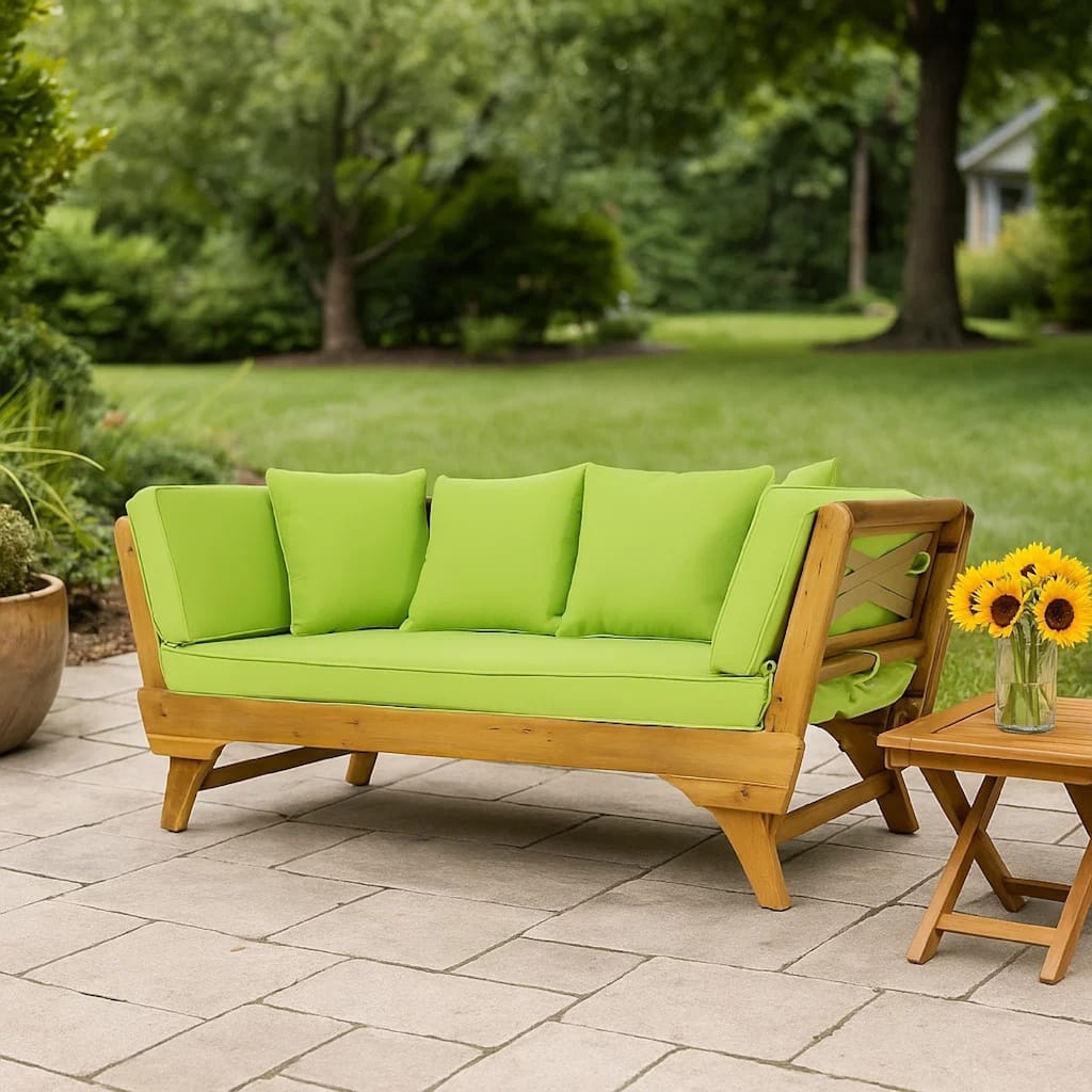 Flex Outdoor Daybed, 65 Inch Teak Brown Acacia Wood, Green Cushions