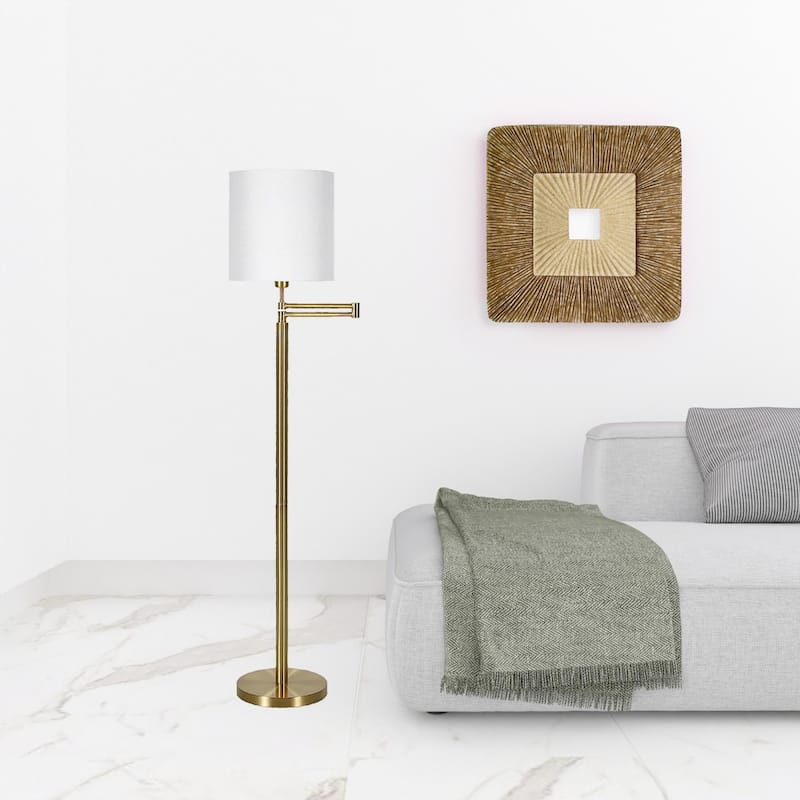 Metal Swing Arm Floor Lamp with Linen Drum Shade and Frosted Glass Rotary Socket Switch - 12” x 23” x 62” (D x W x H)
