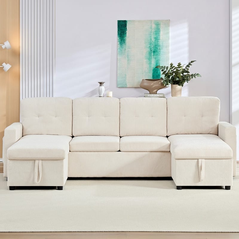 W103" Corduroy 4-Seater Modular Sleeper Sofa Bed with Storage Chaise,U-shaped Sofa with Pull-out Bed