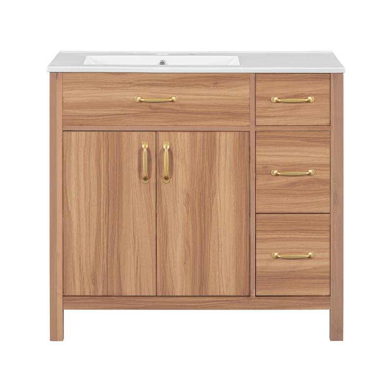 Solid Wood Frame Bathroom Vanity Cabinet with Undermount Ceramic Sink, 3 Drawers & Adjustable Shelf for Small Bathrooms, 36 Inch