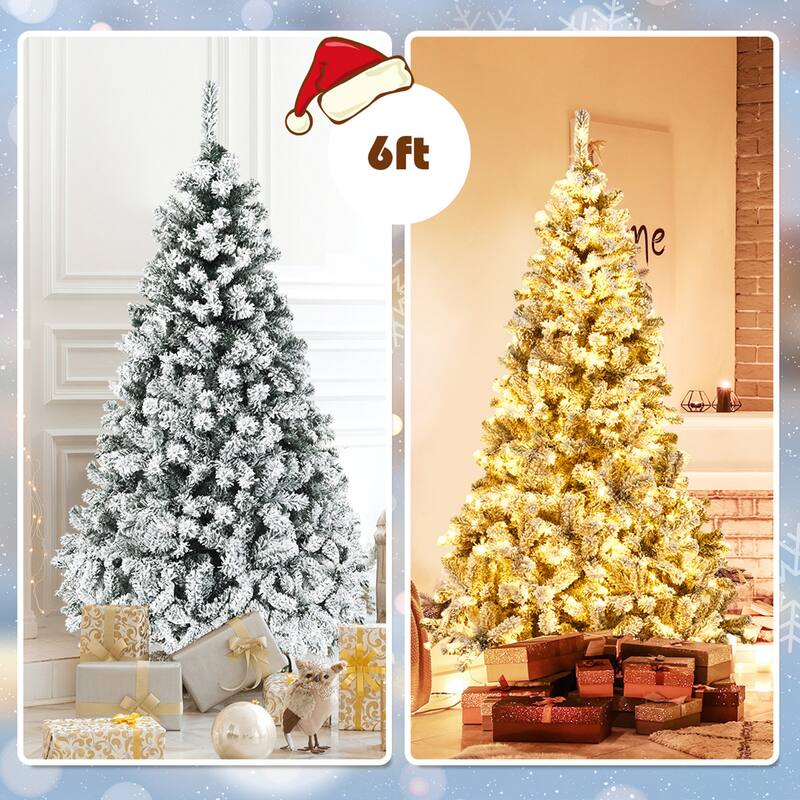 Gymax 6/7.5/9 FT Pre-Lit Christmas Tree Snow Flocked Hinged Pine Tree