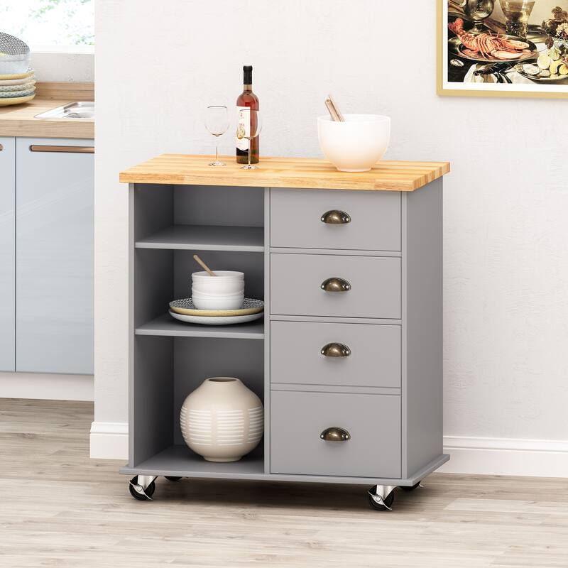 Fixed Wheel Rolling Modern Kitchen Utility Cart with 2 Drawers, 1 Cabinet, 3 Shelves and Rubberwood Top, Gray