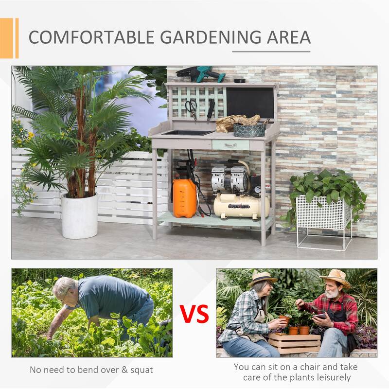 Outdoor Wooden Potting Bench Table with Removable Sink & Open Shelf Storage, Garden Work Bench with Chalkboard