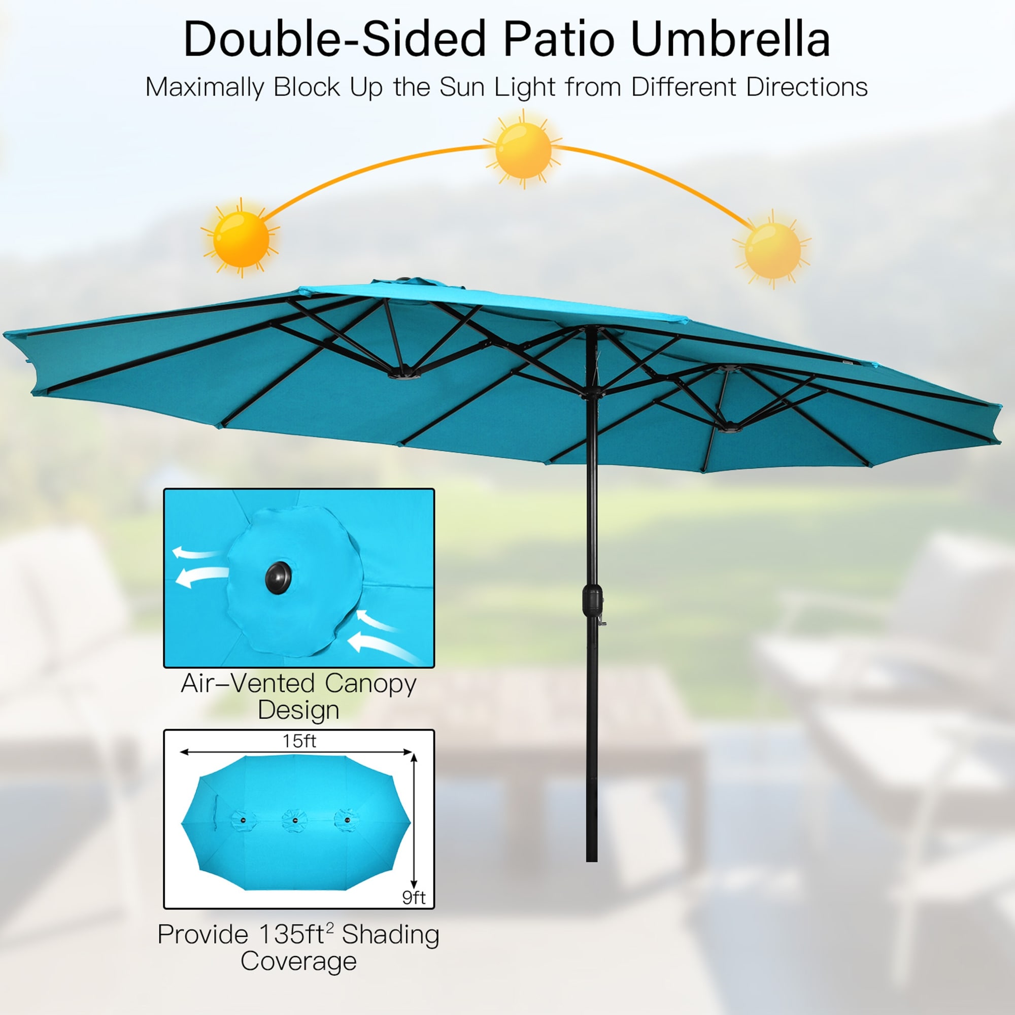 15 double-sided patio umbrella twin sun canopy Bigroof 15ft Extra Large Umbrella with Crank Handle & Umbrella Base for Garden Market Pool Backyard (Beige) : Patio, Lawn & Garden And the bottom base is constructed with a crossed metal frame Gymax 15 ft Double-Sided Patio