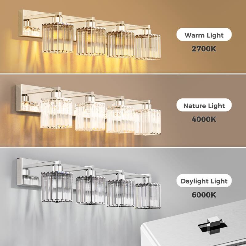 YANSUN 4-Light Vanity Light with Chrome Frame and Crystal Shades for Bathroom or Vanity