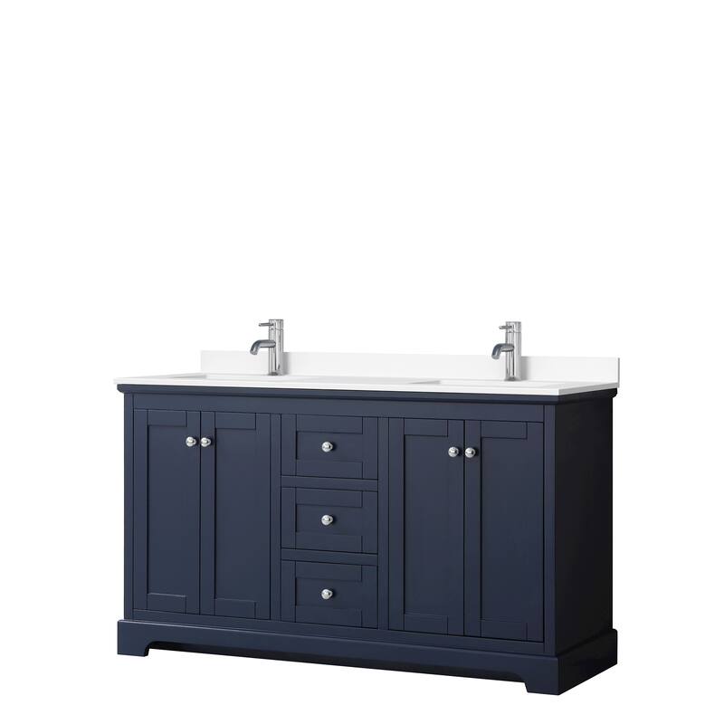 Avery 60 Inch Double Vanity, Cultured Marble Top - Dark Blue, Chrome Trim, White Cultured Marble Top