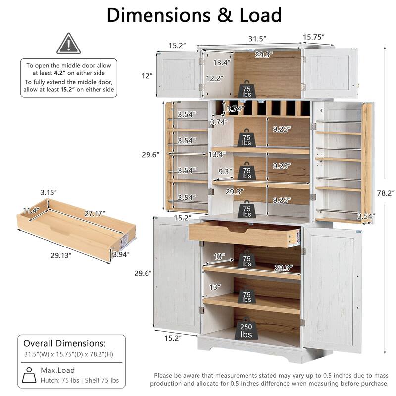 78.2" Farmhouse Kitchen Pantry Cabinet with 8 Door Shelves, Adjustable Shelves, Hidden Drawer and Wine Rack Storage