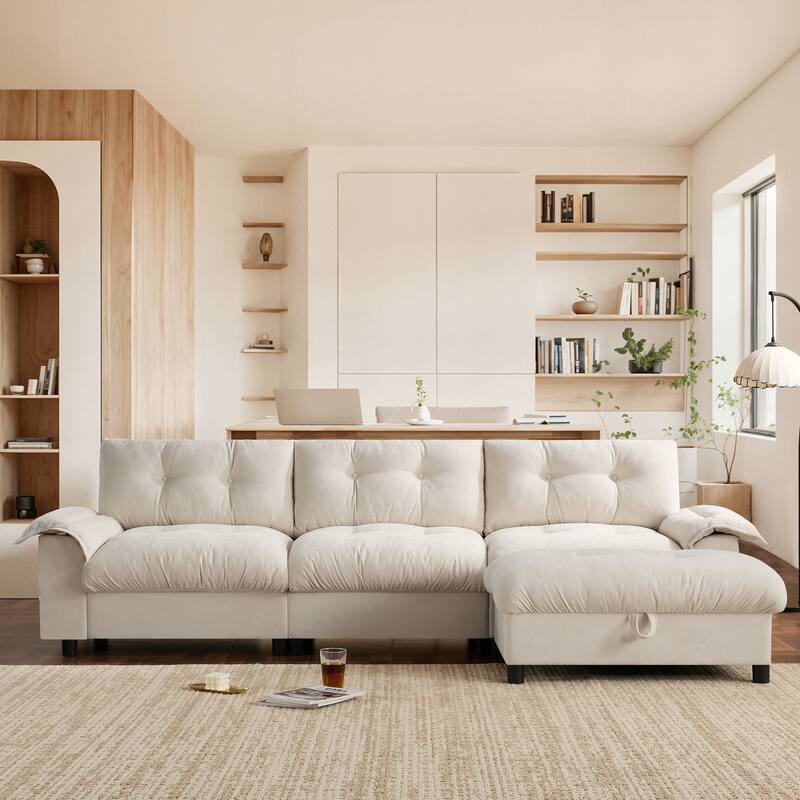 104 Inch Sectional Sofa with Storage Ottoman & Dual-Port Charging, Cup Holder, Side Storage Pockets