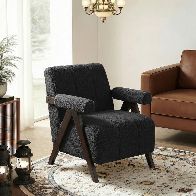 Mid Century Modern Accent Chair, Solid Wood Upholstered Armchair with Wide Backrest and Thick Cushion