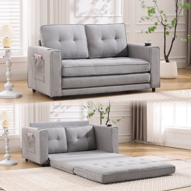 Foldable Tufted Loveseat with Pull Out Bed and Side Pockets - Light Gray
