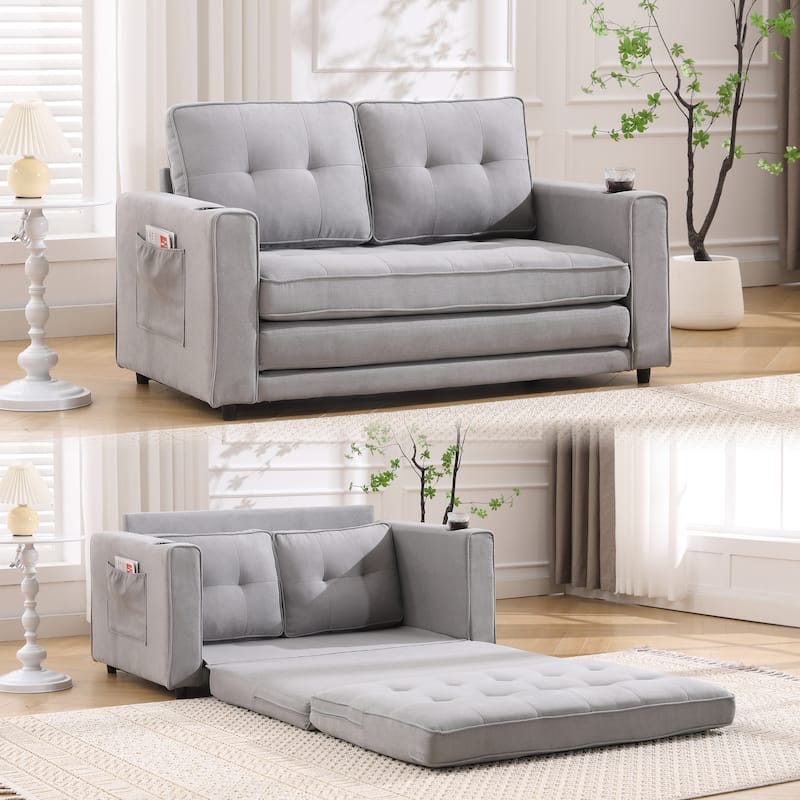 Versatile 3-in-1 Upholstered Futon Sofa Bed with Pull Out Sleeper and Multiple Functionalities - Grey-1