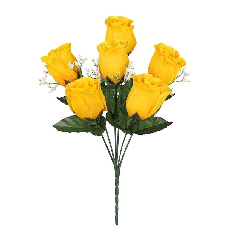 Set of 12 Yellow Artificial Rose Bud Flower Stem Bush Bouquet 14in - 14" L x 6" W x 6" DP