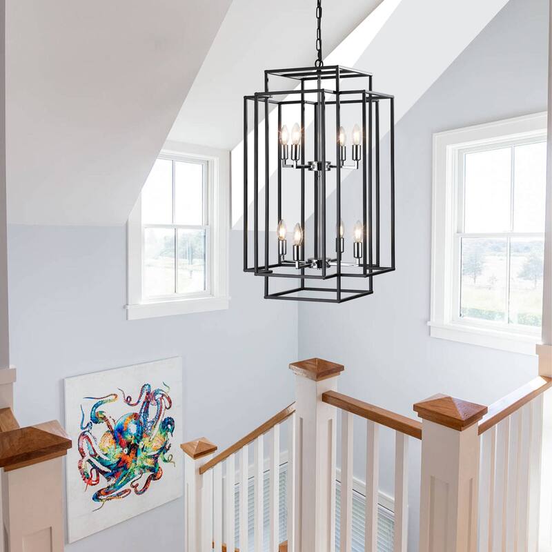 8-Lights Black Lantern Tiered Pendant Light Fixtures, Industrial Farmhouse Hanging Chandelier (No Bulbs)