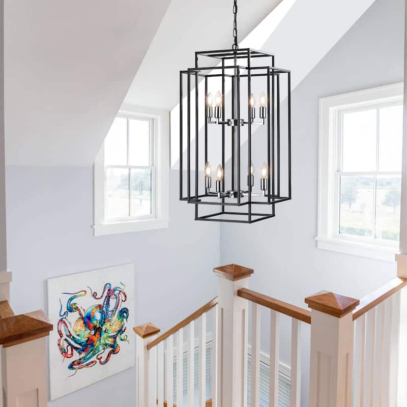 8-Lights Lantern Tiered Pendant Light Fixtures, Industrial Farmhouse Hanging Chandelier