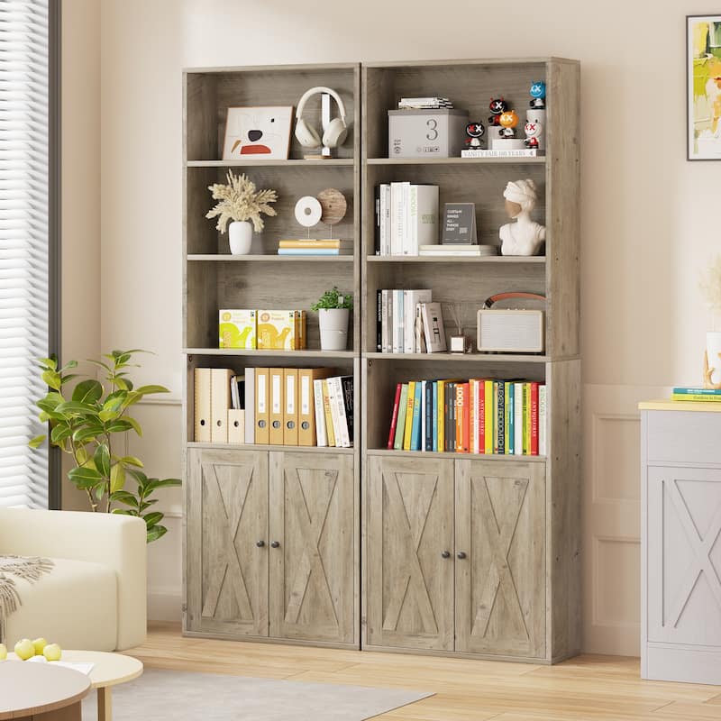 Futzca 6-Tier Farmhouse Bookcase, Storage Bookshelf with Doors
