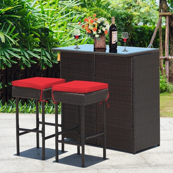 Costway 3PCS Patio Rattan Wicker Bar Table Stools Dining Set