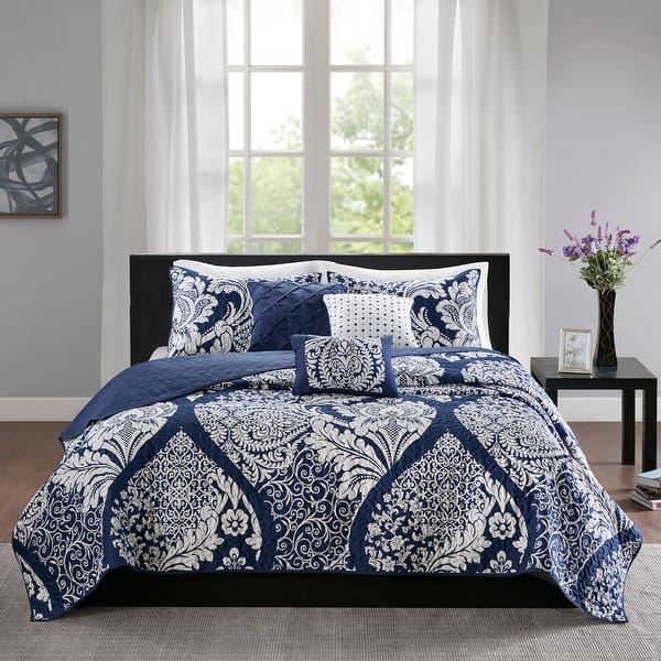 slide 2 of 23, Madison Park Marcella 6 Piece Printed Cotton Quilt Set with Throw Pillows Indigo - California King