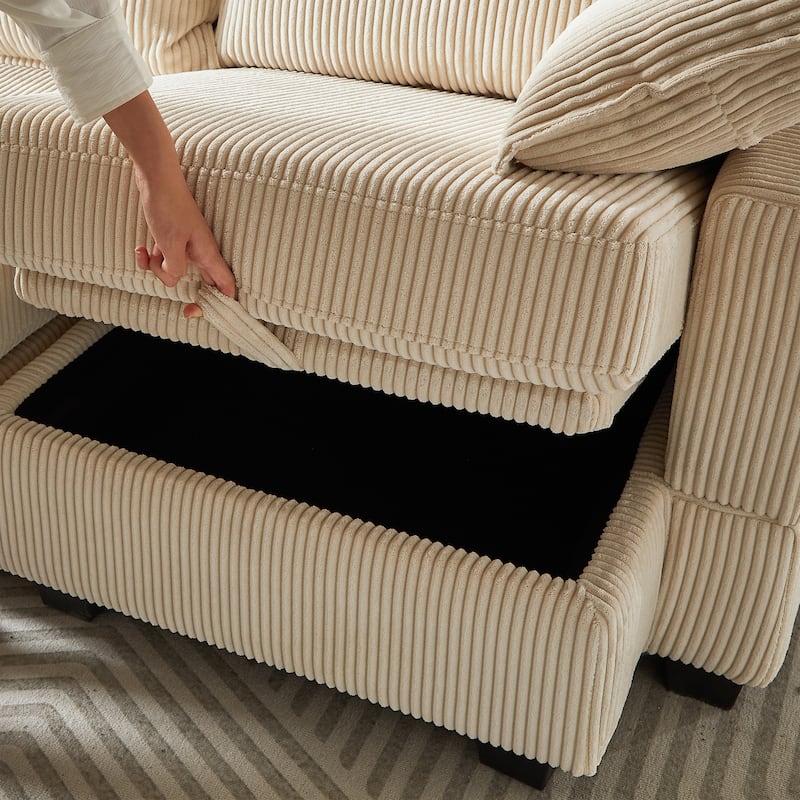 Beige 6-Piece Convertible Corduroy Modular Sectional Sofa with Storage & Ottomans