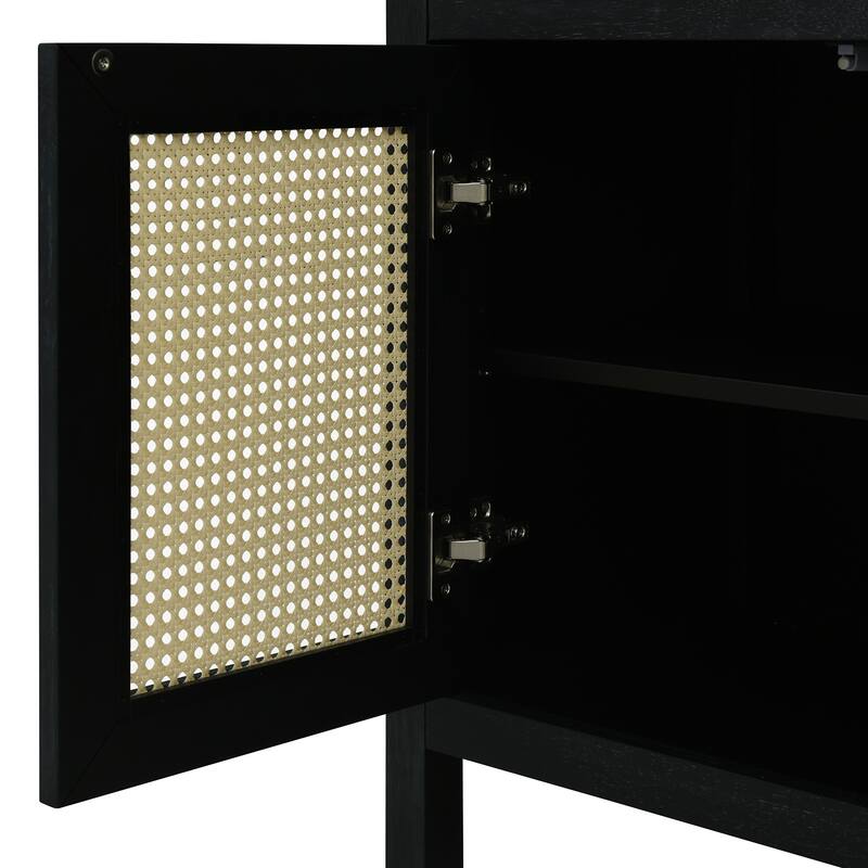 Anmytek Black Bohemian Rattan Sideboard Solid Wood Buffet Cabinet with Adjustable Shelves Push to Open for Living Dining Room