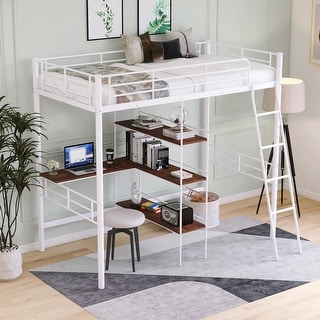 White Twin Size Metal Loft Bed with Desk and Shelves