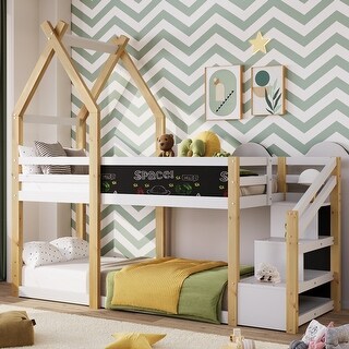 Twin over Twin House Bunk Bed with White Storage Staircase and 2 ...