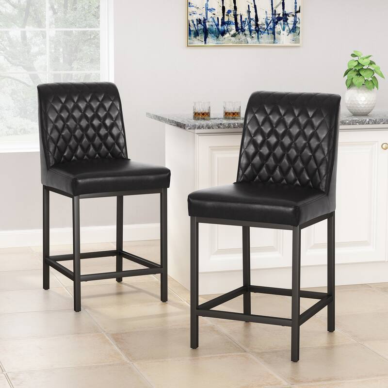 Modern Set of 2 Dining Chairs with Leather Diamond Tufted Back Seat, Metal Legs, Suitable for Bar Counter Dining Room