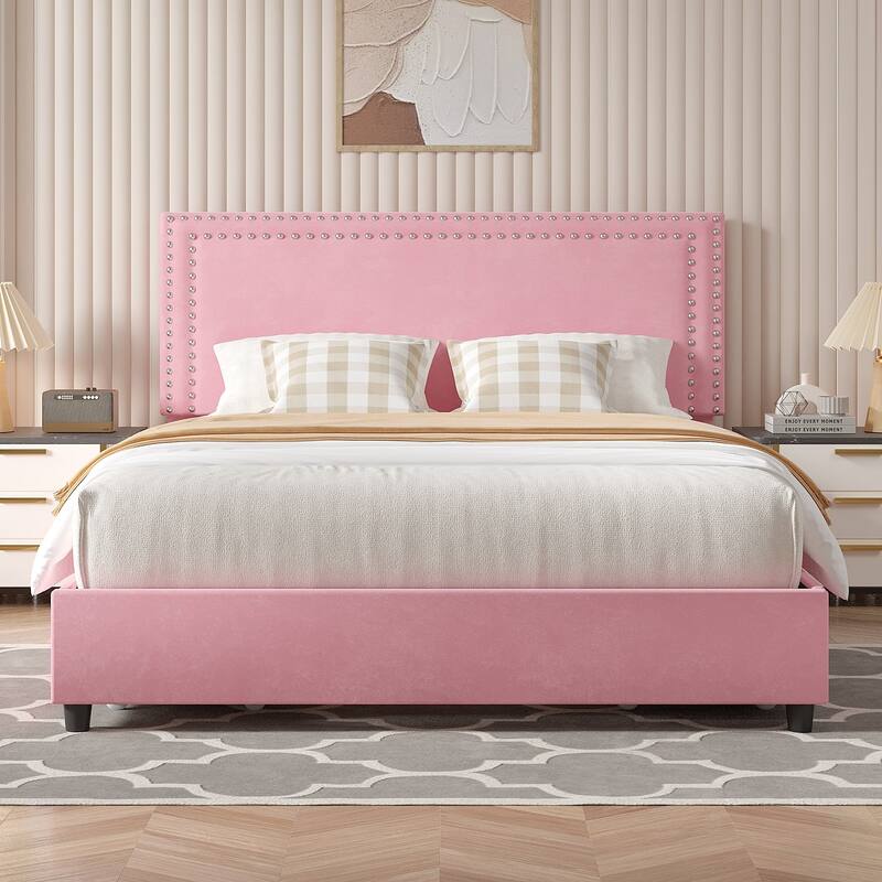 VECELO Upholstered Storage Bed Frames with 4 Storage Drawers, Platform Bed Frame with Adjustable Velvet Rivets Headboard
