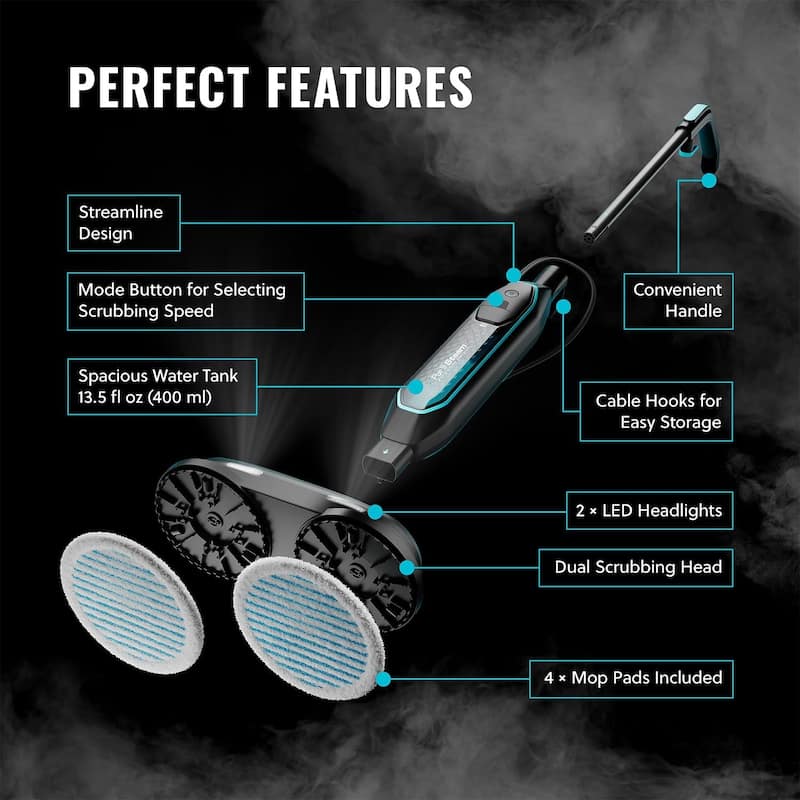 PurSteam ScrubMaster Steam Mop with Dual Scrubbing Head, LED Headlights, Adjustable Steam Control, Anti-Slip Swivel Head