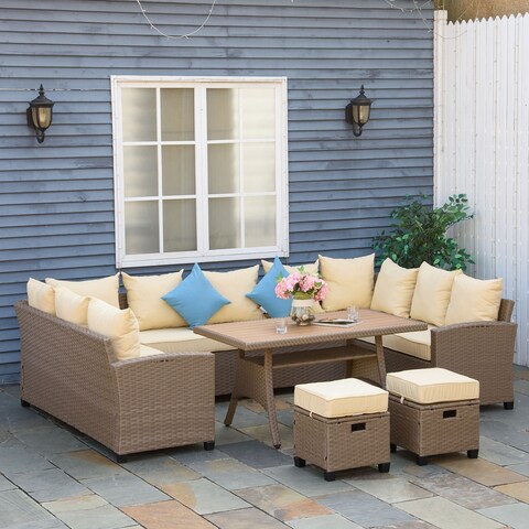 Outsunny 6 Pieces Patio Wicker Sofa Set w/ Strip Wood Grain Plastic Coffee Table & Cushions, Mixed Grey