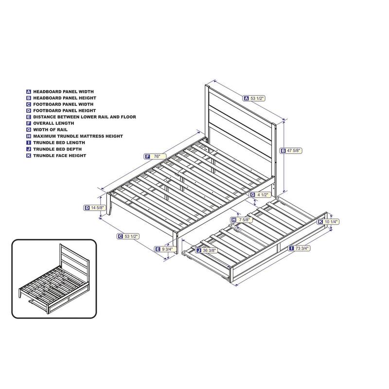 Full Size Bed With Trundle - Walnut Platform Bed Frame - Modern Romantic Style - HomeStock