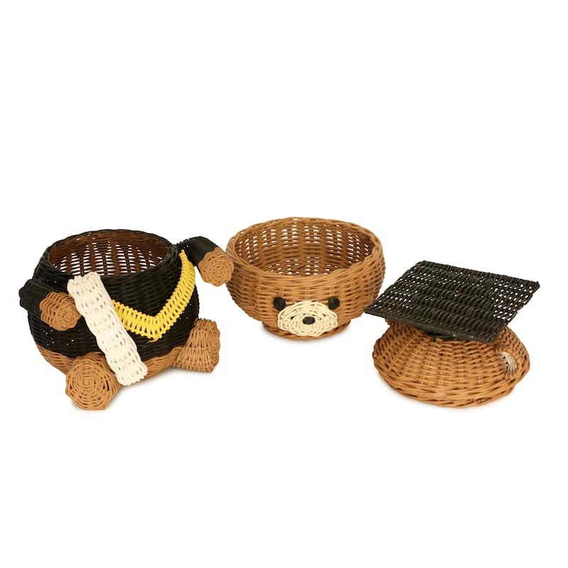Graduation Bear Rattan Storage Basket with Lid Decorative Home Decor Hand Woven Shelf Organizer Cute Handmade Handcrafted Gift