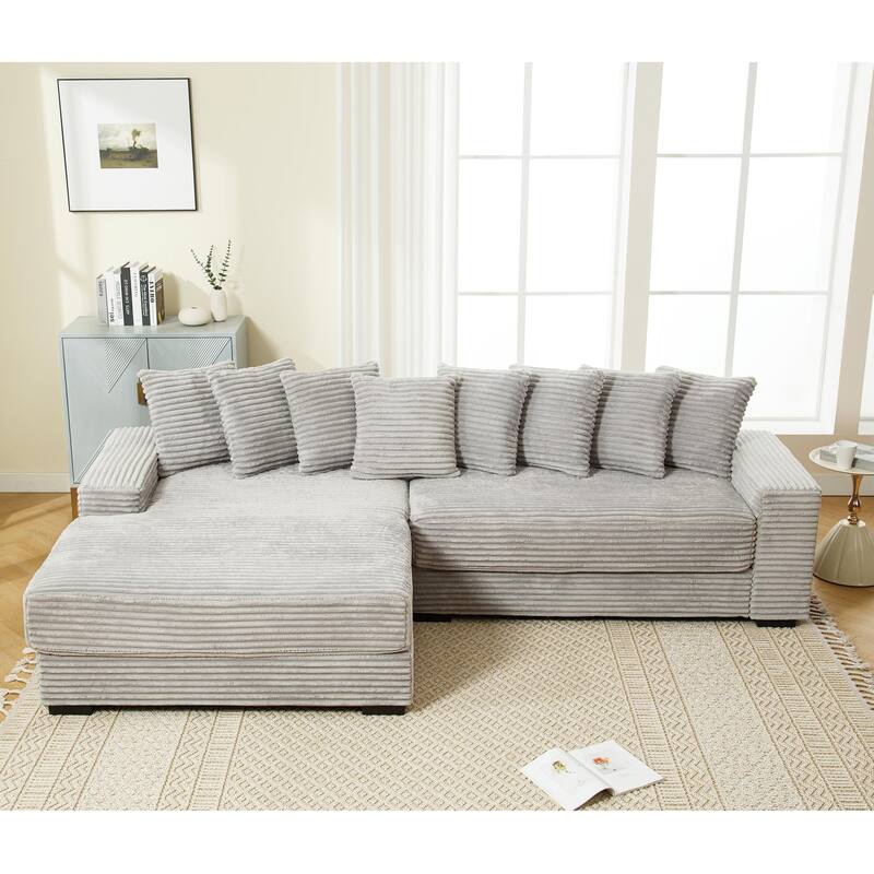 L Shaped Sectional Sleeper Sofa Corduroy Corner Sofa with Chaise Lounge and 8 Throw Pillows, Oversized Modular Daybed