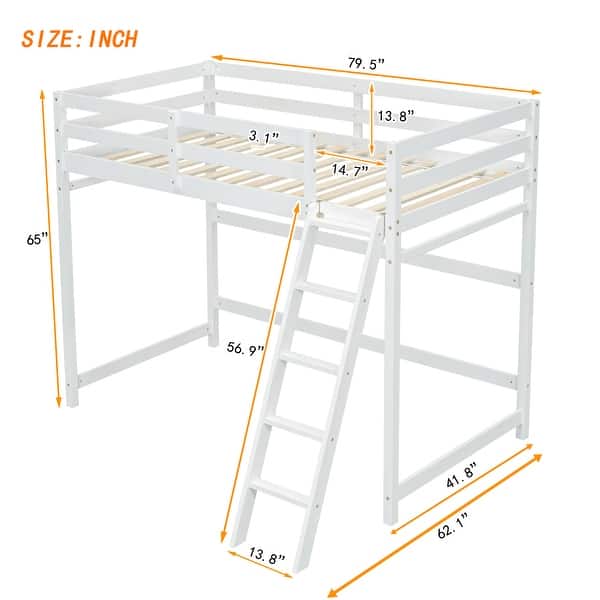 dimension image slide 1 of 2, Twin Size Pine Wood High Loft Bed with inclined Ladder and Guardrails for Bedroom