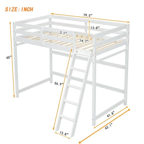 Twin Size Pine Wood Loft Bed Frame w/inclined Ladder, Guardrails,White