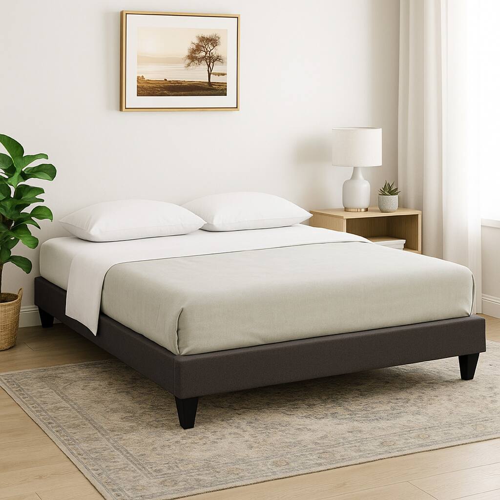 Tamy 13 Inch Full Size Platform Bed Frame, Wood Base, Dark Gray Linen