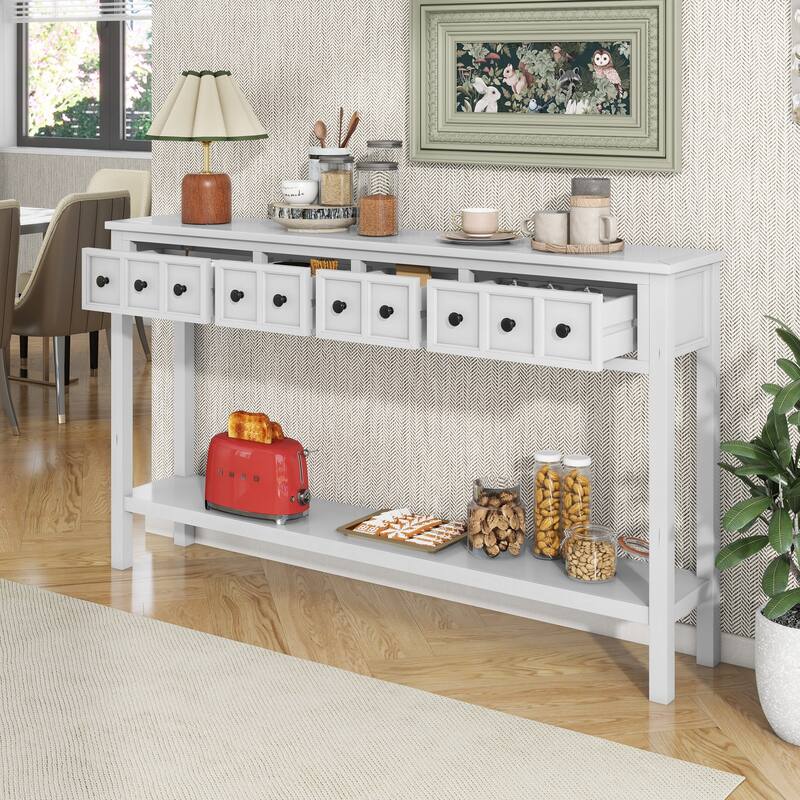 Antique White Entryway Console Table 60" Long Sofa Table with 4 Drawers & Storage Shelf for Living Room Hallway Side Table - Antique White