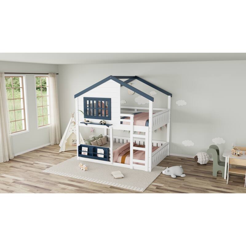 Full Size Bunk Bed/Loft Bed with Bookshelf, House Design, High-Quality Safety Fencing