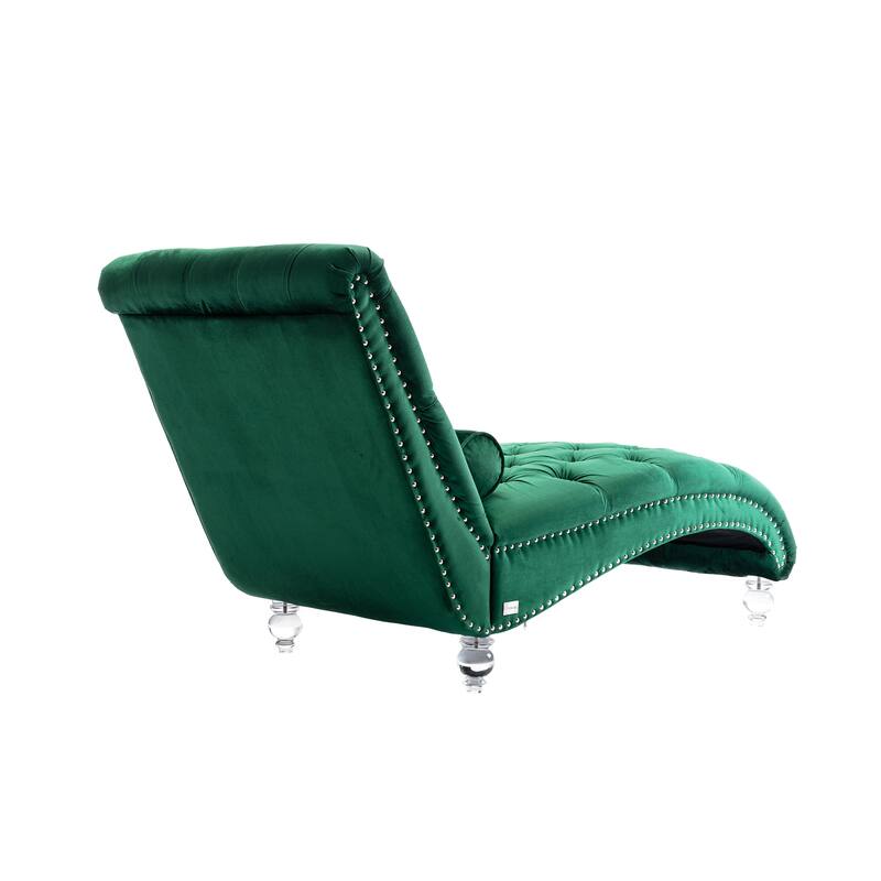 Velvet Tufted Chaise Lounge Chair Ergonomic S Shape Recliner with Pillow, Nailhead Trim and Acrylic Legs for Indoor Use