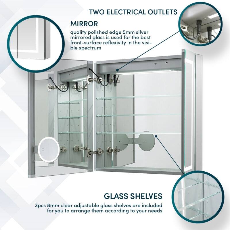 AQUADOM Royale Plus 36W Bathroom Led Lighted Medicine Cabinet Defogger, 3X LED Adjustable Magnifying Mirror, Electrical Outlets.