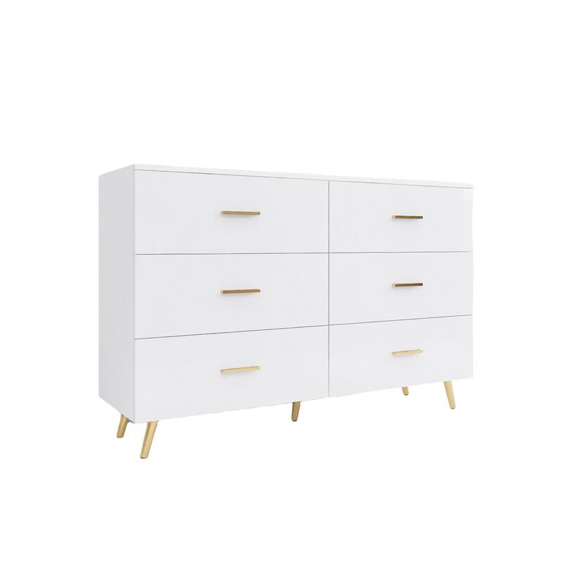 6 Drawers Dresser for Bedroom, High Glossy Surface Storage Drawers Chest, Organizer Cabinet with Golden Handles & Metal Legs